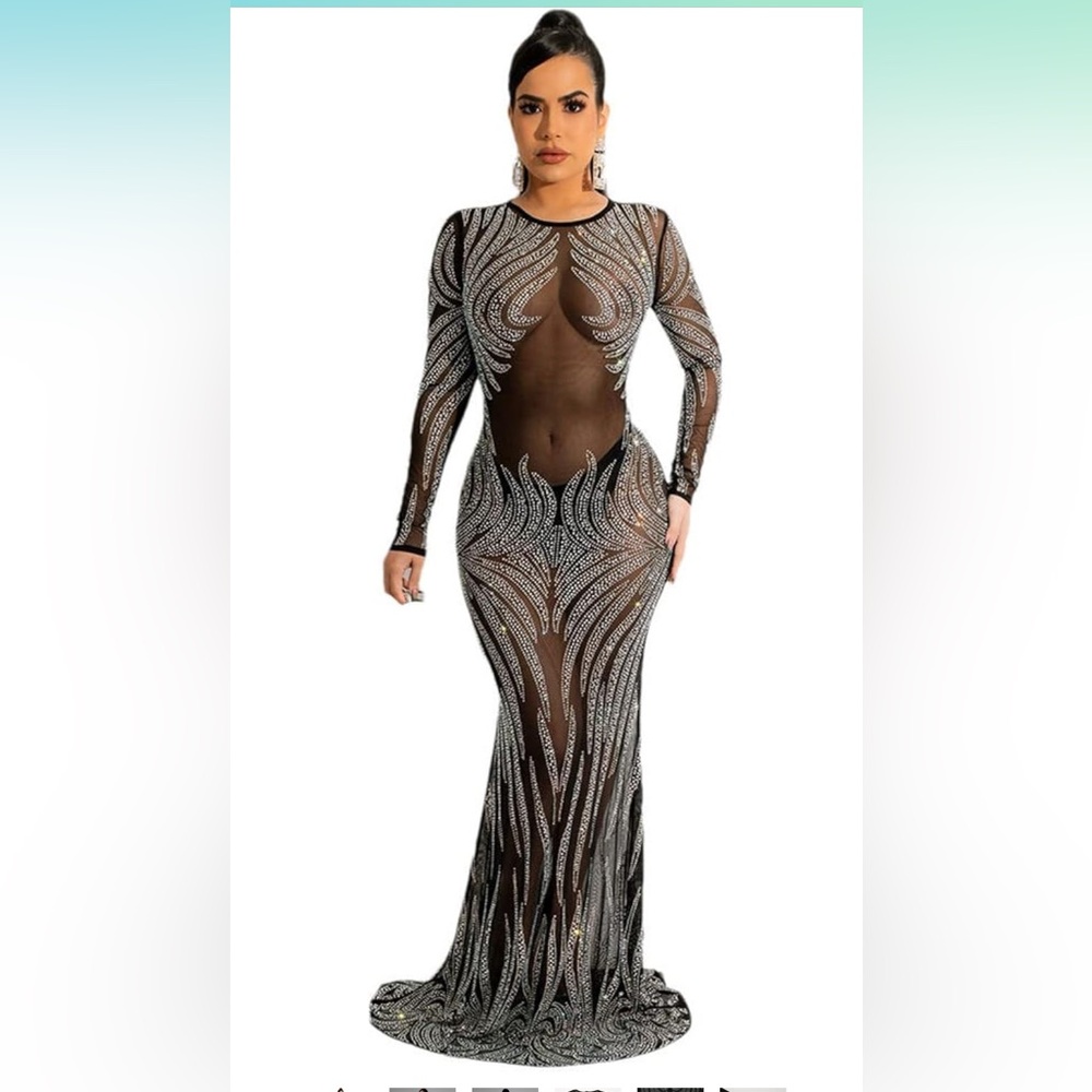NWOT Transparent Diamond Crewneck Long Sleeve  Party Maxi Dress size 2XL